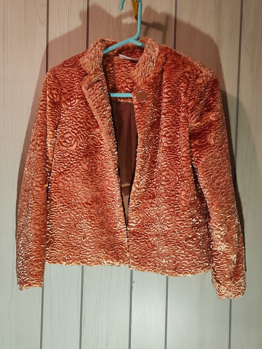 Vintage Women's Plush Rose-Textured Faux Fur Jacket - Orange